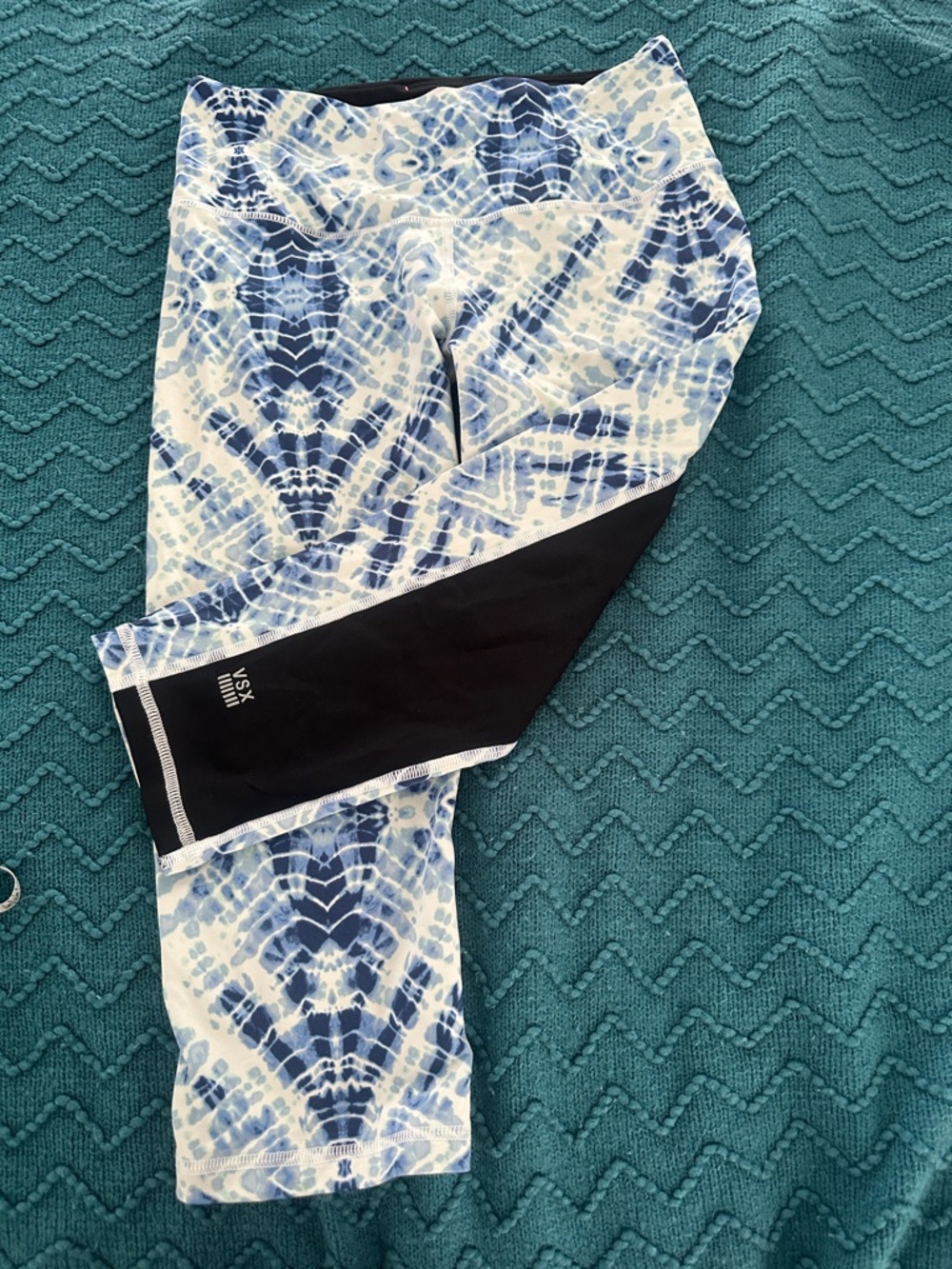 VSX Blue and White Tie-Dye Workout Leggings with Black Panels Size S